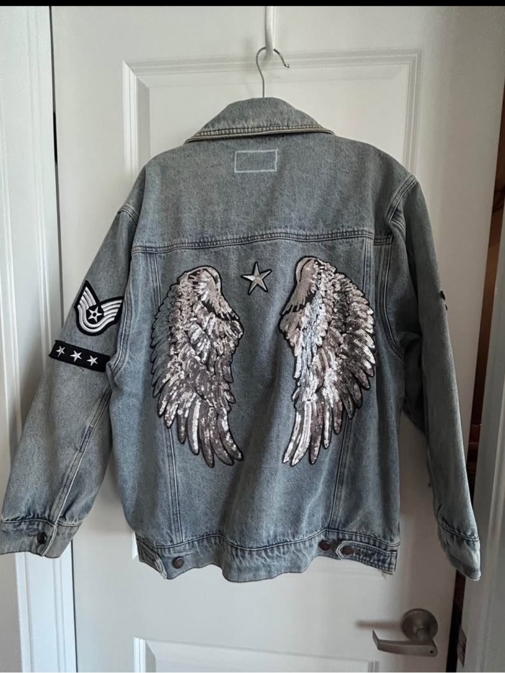 Embroidered Wing Light Gray Denim Jacket - Women